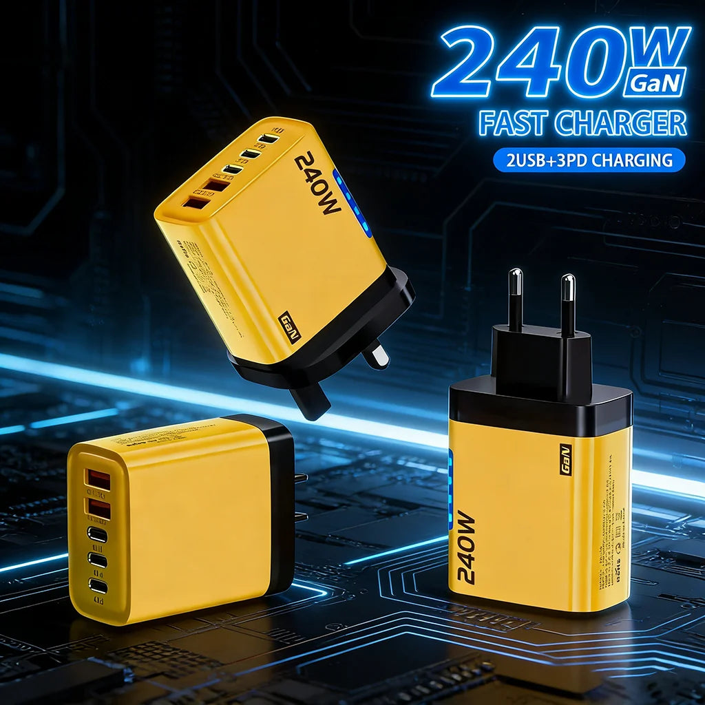 240W GaN Charger 5-in-1 3USB-C PD and 2USB-A QC3.0 Fast Charging for iPhone 16 17 Samsung S25 S24 Xiaomi 15 16 17 Huawei Mate