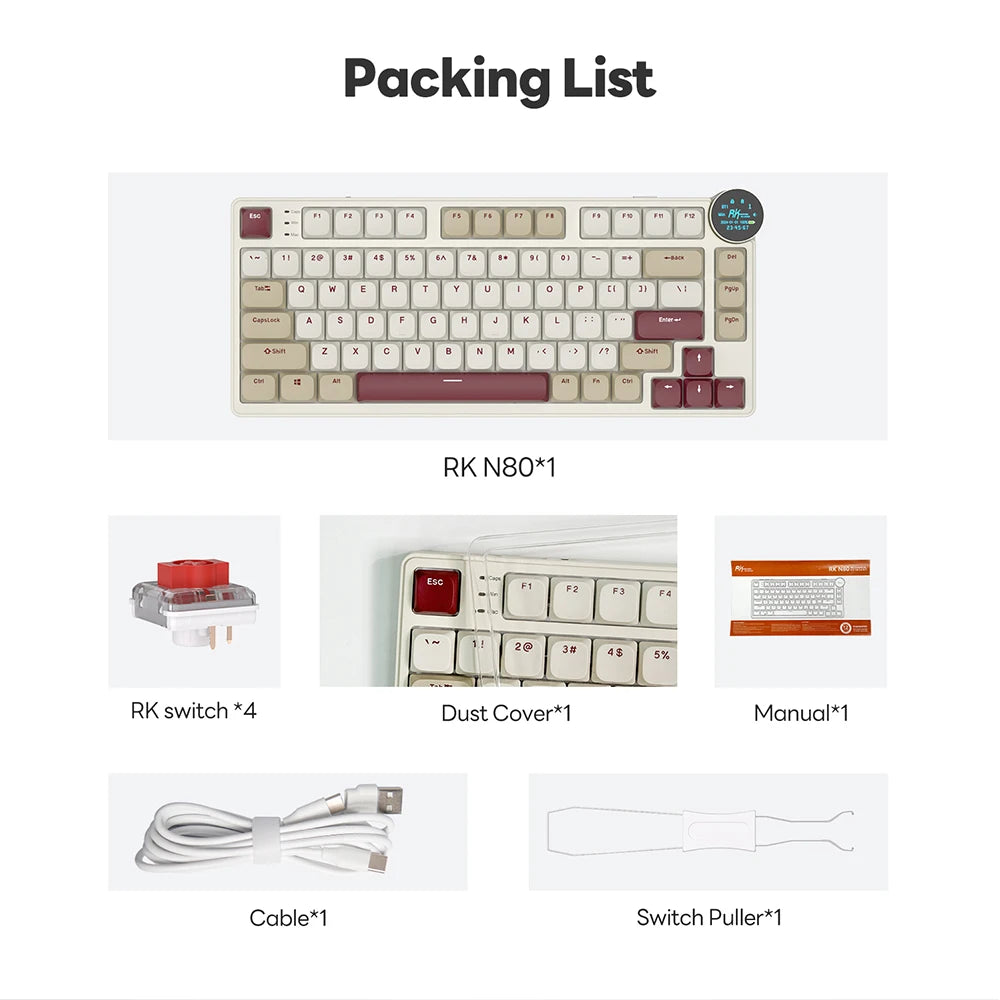 RK N80 Royal Kludge Gamer Keyboard 2.4G Wireless/Bluetooth/USB-C With 80% RGB Backlit Mechanical Keyboard Low Profile TFT Screen