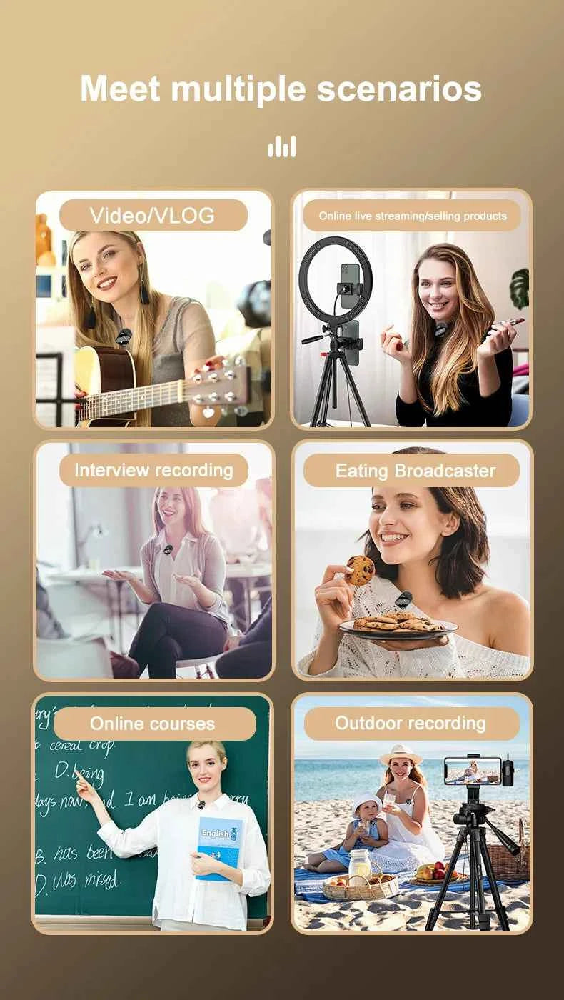 Wireless Lavalier Microphone Noise Cancelling Clip Mic Rechargeable For IOS Android Live Streaming Podcast Vlog Recording
