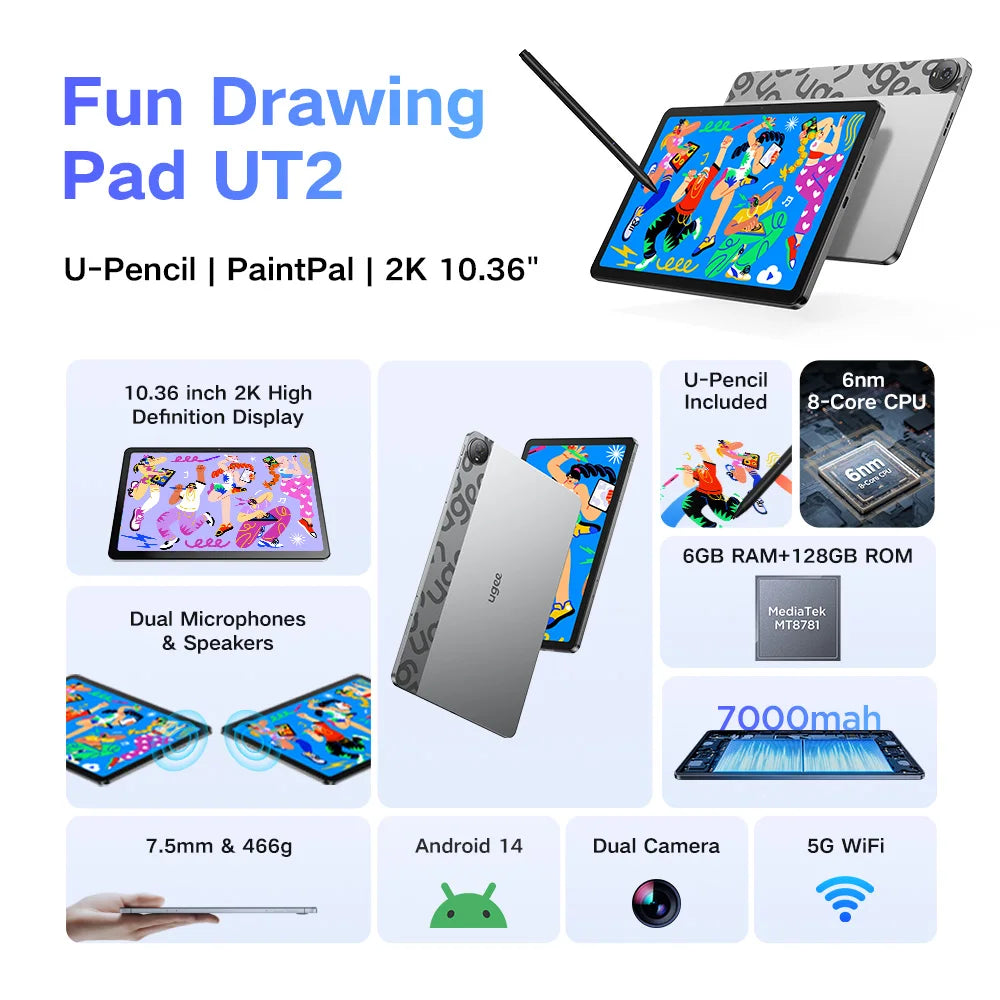 UGEE UT2 Fun Drawing Pad 6GB+128GB Full-Laminated Screen 2K Ultra HD Android 14 Tablet Drawing 7000mAh+18W 10.36 inch with Pen