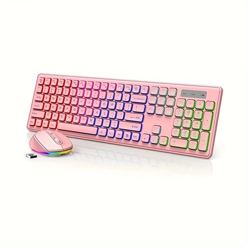Jomaa 2.4G USB Wireless Keyboard and Mouse Combo Backlit Rechargeable Wireless Keyboard Set USB Cordless Combo for Computer M.c