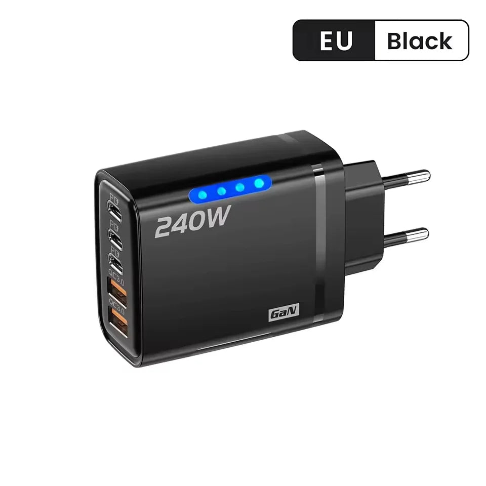 5 in 1 GaN USB C Desktop Charger 240W Fast Charge Phone Adapter Type C Cable For iPhone Samsung Xiaomi EU/US/UK Plug Charger