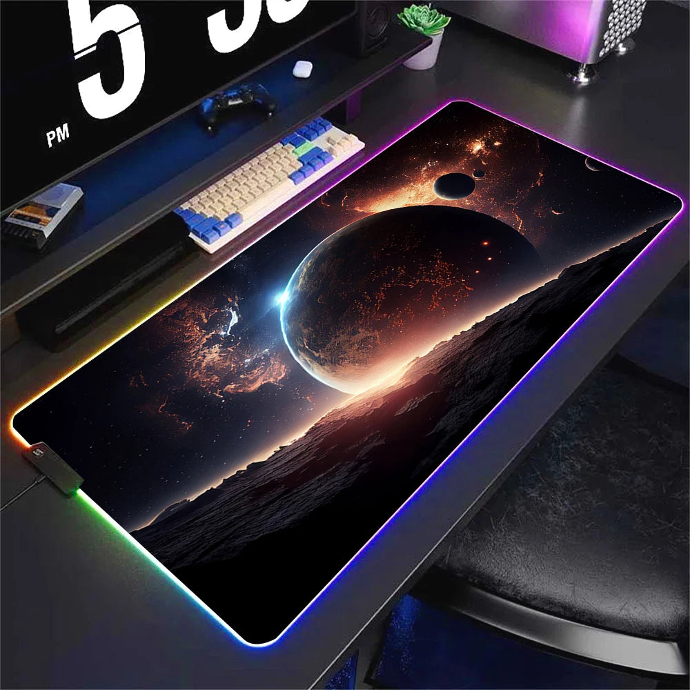 Universe RGB Gaming Mousepad Space Mouse Mats LED Large Gamer Backlit Mousepads XXL Keyboard Pads Luminous Deskmat Mouse Pad