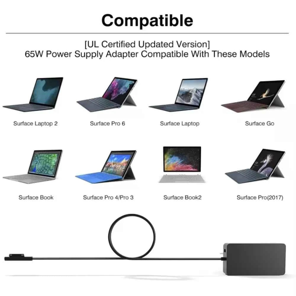 Laptop Charger 65W Adapter Compatible for Microsoft Surface Pro 9/8/X/7/6/5/4/3, Surface Laptop 5/Studio/4/Go/3/2/1,Surface Book