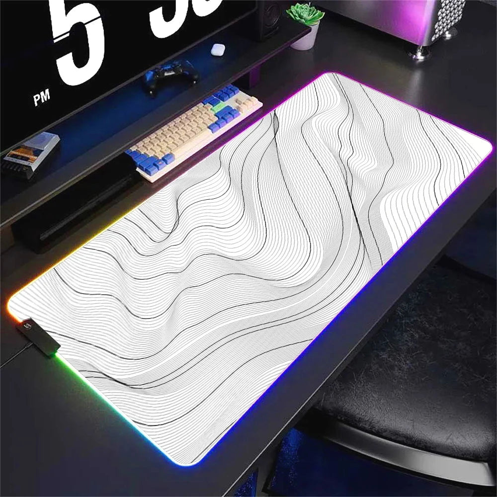 LED Desk Mat Black and White Lines RGB Computer Mouse Pad Gamer Cabinet Luminescence Abstract Mousepad Keyboard Gaming Deskmat