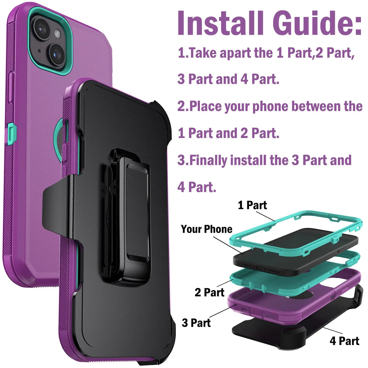 For iPhone 14/14 Plus/14 Pro Shockproof Phone Case Rugged Hybrid Heavy Duty Soft Protective Cover With Belt Clip