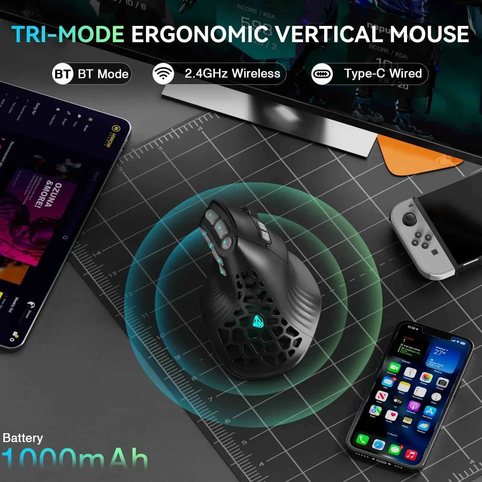 SOLAKAKA E9 Pro MMO Vertical Mouse PAW3395 Sensor 1000mAh Battery 45° Vertical Grip Ergonomic Mouse 8k Gaming Mouse