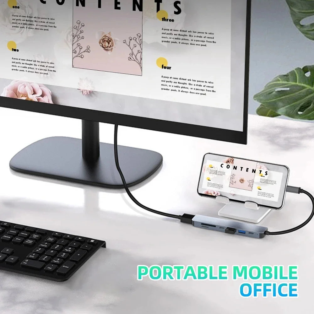 USB C Hub 7 in 1 HDMI 4K Type C Adapter OTG Thunderbolt 3 Dock PD TF SD Macbook iPad XPS Surface Laptop Compatibility