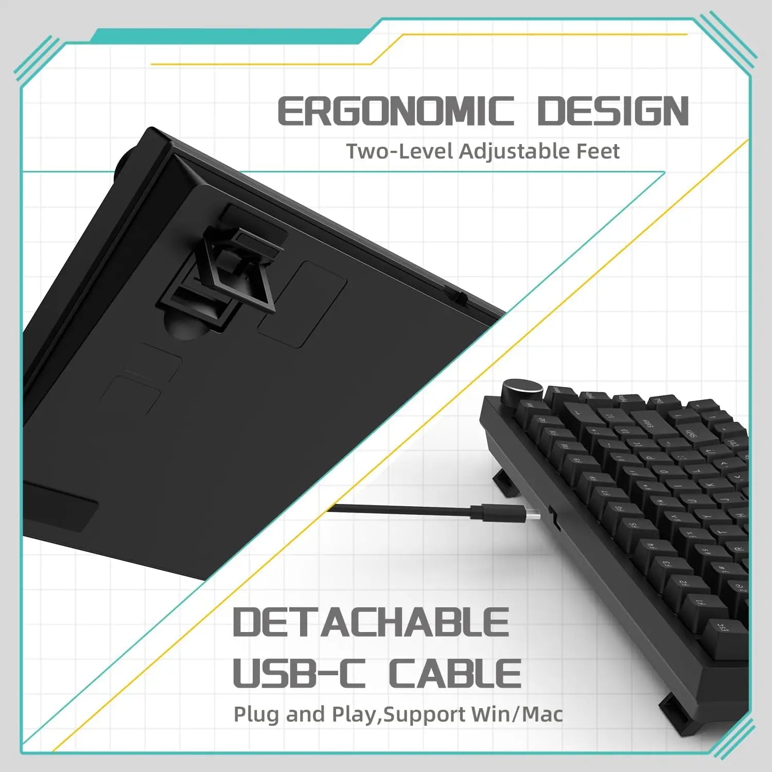 AJAZZ AK820 Wired Mechanical Gaming Keyboard 75% Layout 82 Key Hot-Swappable Design Metal Volume Knob Ideal Esports Office Use
