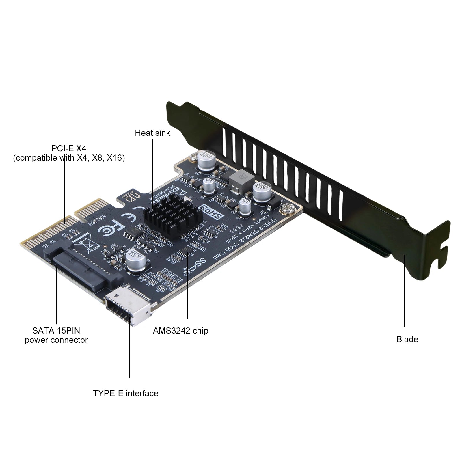 USB 3.2 Gen2 20Gbps PCIe X4 to Type-E Expansion Card