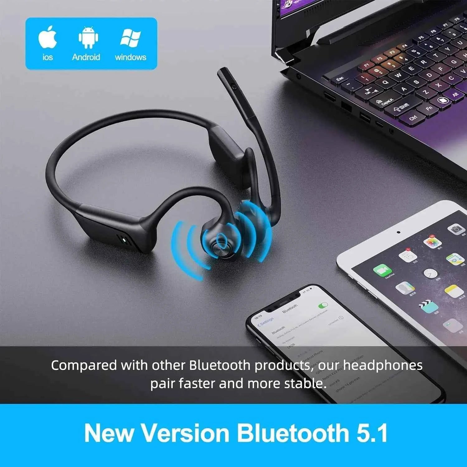 eppfun Open Ear Air Conduction Bluetooth Headphones, aptX-LL  Boom Microphone and Mute Button, , for Driving, Phone Call, Office