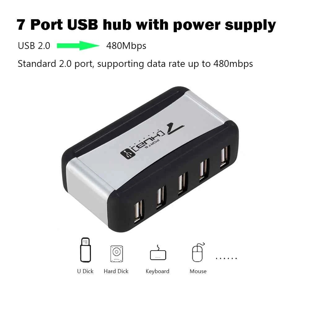 EU/US Plug USB Hub 7 Ports Splitter USB 2.0 Plug and Play Support 1.5/12/480Mbps with Power Adapter for PC Computer and Laptop