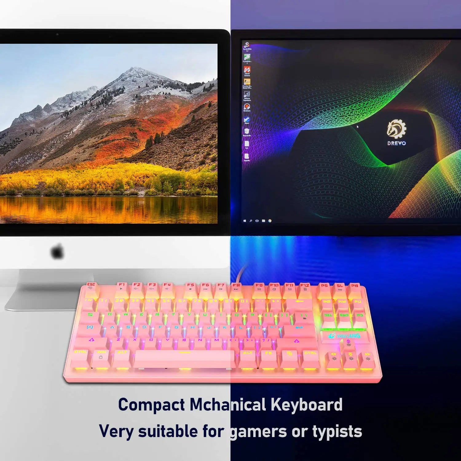 K2 Wired Mechanical Gaming Keyboard 82 Keys Rainbow Backlit Blue Switch Keyboard&Lightweight Gaming Honeycomb Mouse 6400DPI