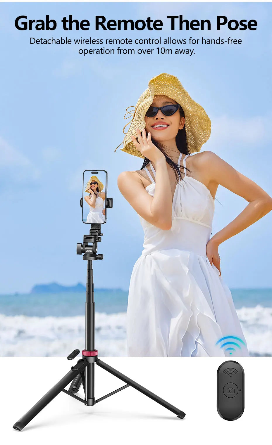 Ulanzi MT-78 1.85M Quick Release Tripod with Remote Phone Holder Cold Shoe Mount 1/4'' for Phone Camera Video Light Flash Mic