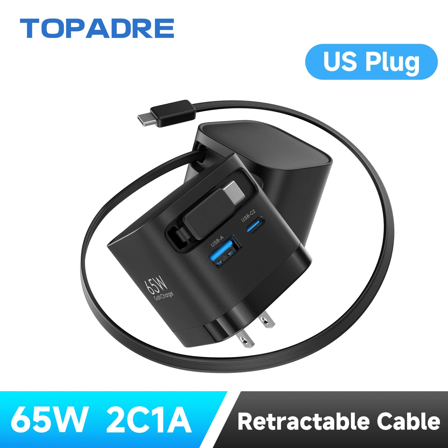 65W GaN Fast Charger with Retractable Cable, Foldable Plug, Quick Charging Block, for iPhone , Samsung , iPad, Android Phones
