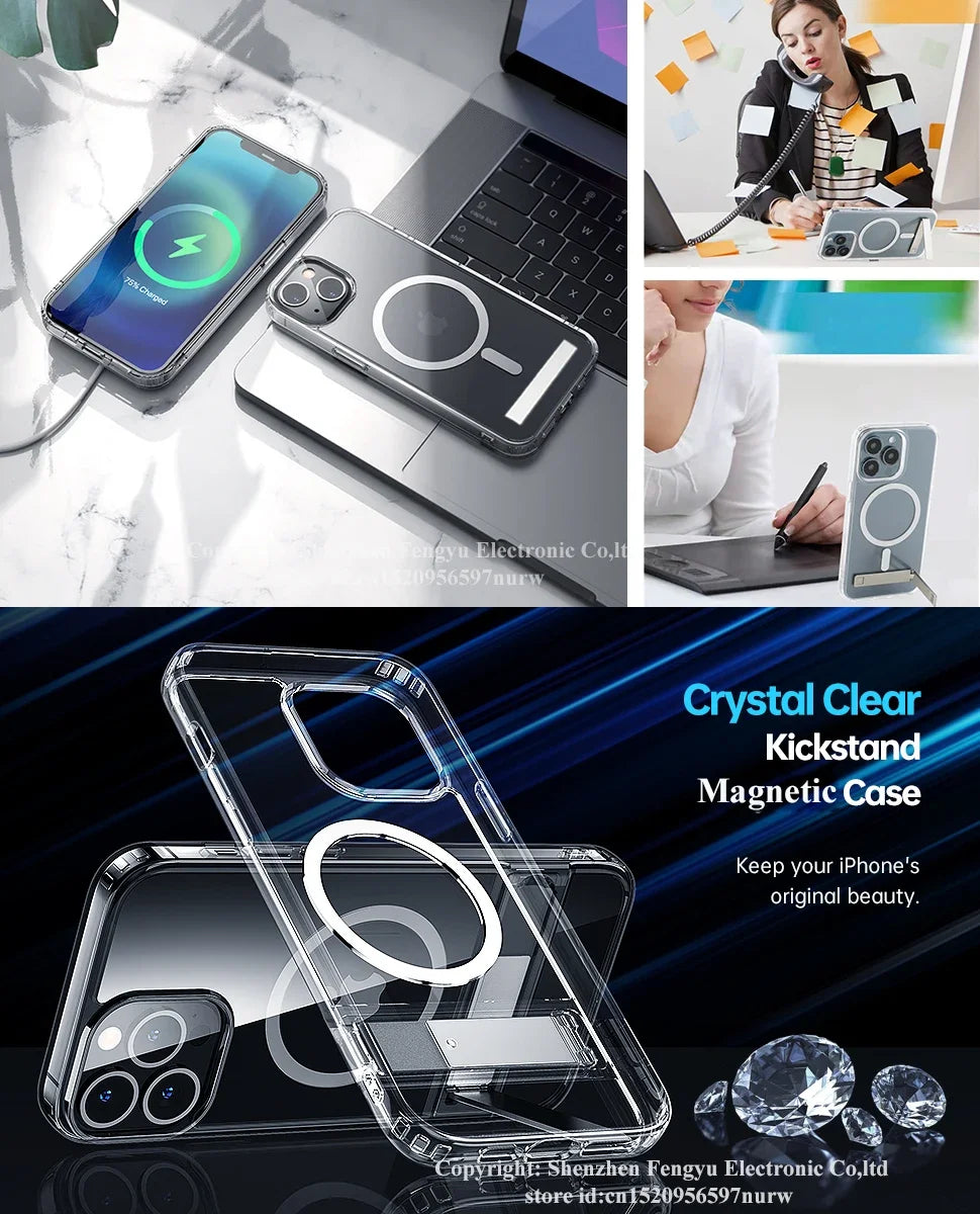 Clear Magnetic Phone Case with Kickstand for iPhone 17 Pro Max Air 16 15 14 Plus 13 12 11 Mini for Wireless Charging Back Cover