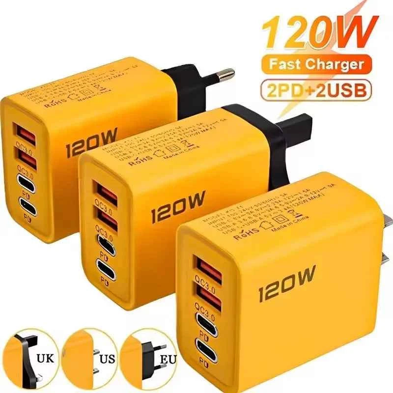 4 Ports 120W Charger USB C PD Quick Charge 3.0 Type C USB Phone Chargers Fast Charging Adapter For iPhone Samsung Xiaomi Huawei