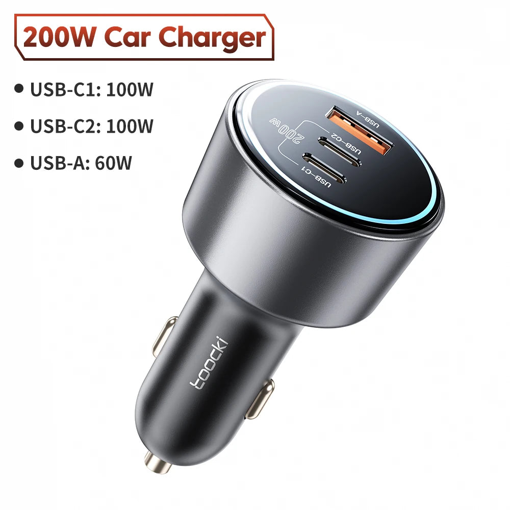 Toocki 200W Car Charger USB Type C QC 4.0 PPS 45W PD 100W Fast Charging USB C Car Phone Charger for iPhone 16 15 Samsung Macbook