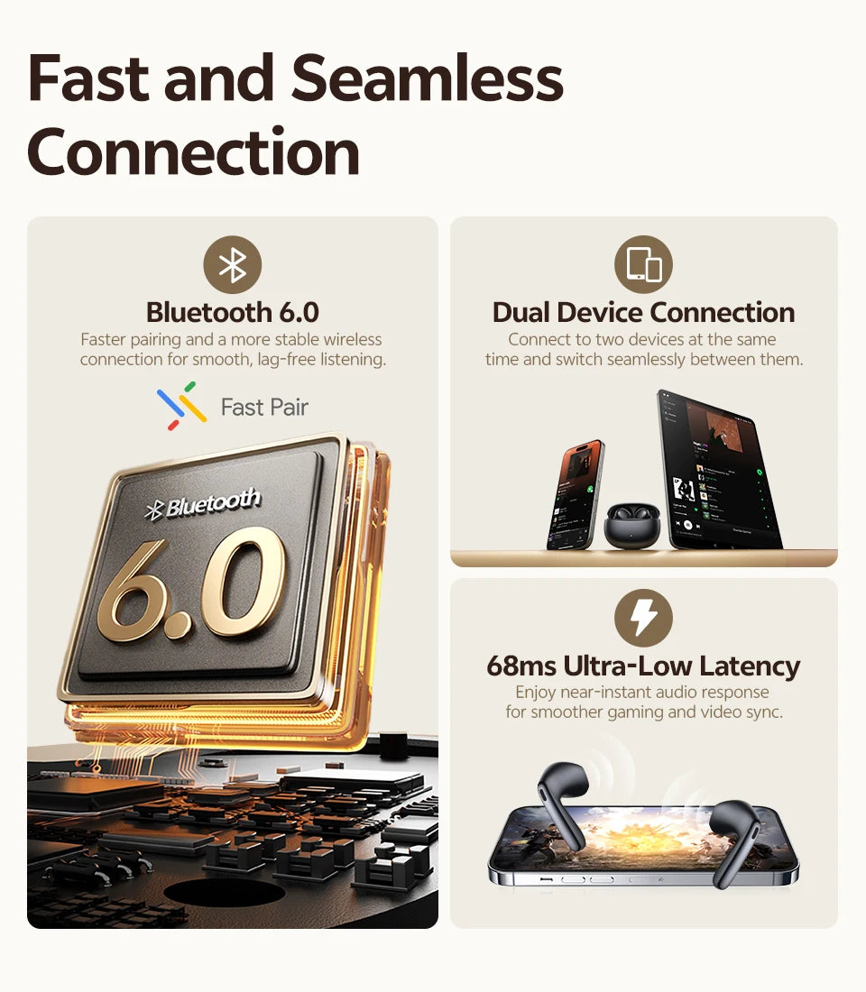 QCY AilyBuds E50 HT11 Wireless Earphones Hi-Res Adaptive Hybrid ANC Headphone Bluetooth 6.0 Spatial Sound Earbuds 11mm Drivers