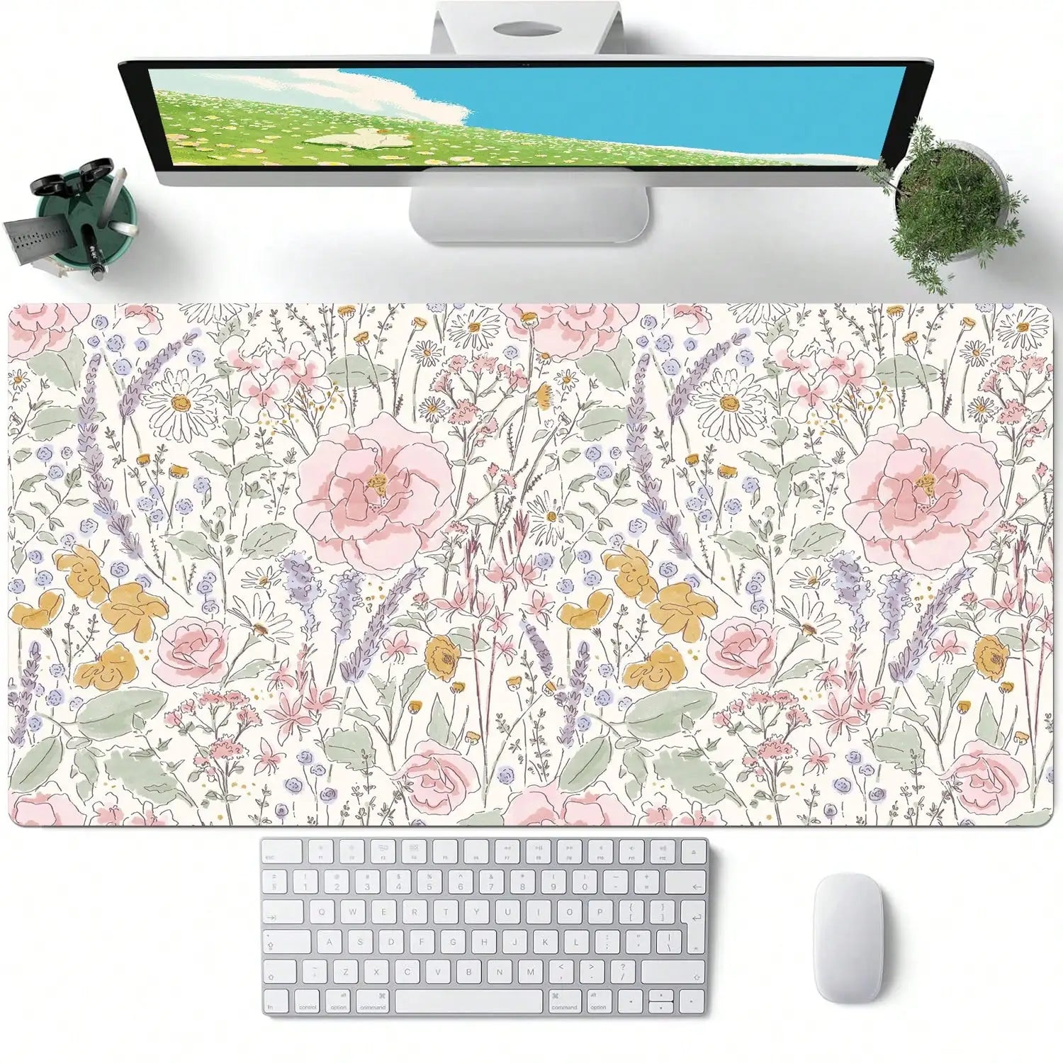 1pc Cute Floral Desk Mat Pink Flowers Plant Mouse Pad XXL Large Extended Gaming Mousepad Women Office Decor Desk Pad, Big Laptop Computer Keyboard And Mouse Mat