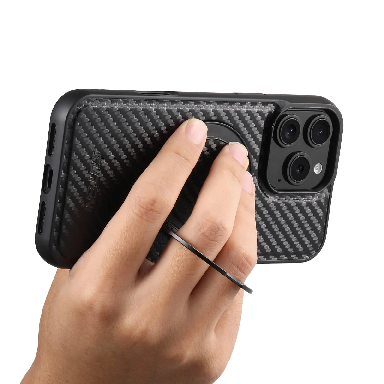 For iPhone 16 15 14 13 12 Pro Max Carbon Fiber Case, Compatible with Magnetic Built in Kickstand Shockproof Protective Cover