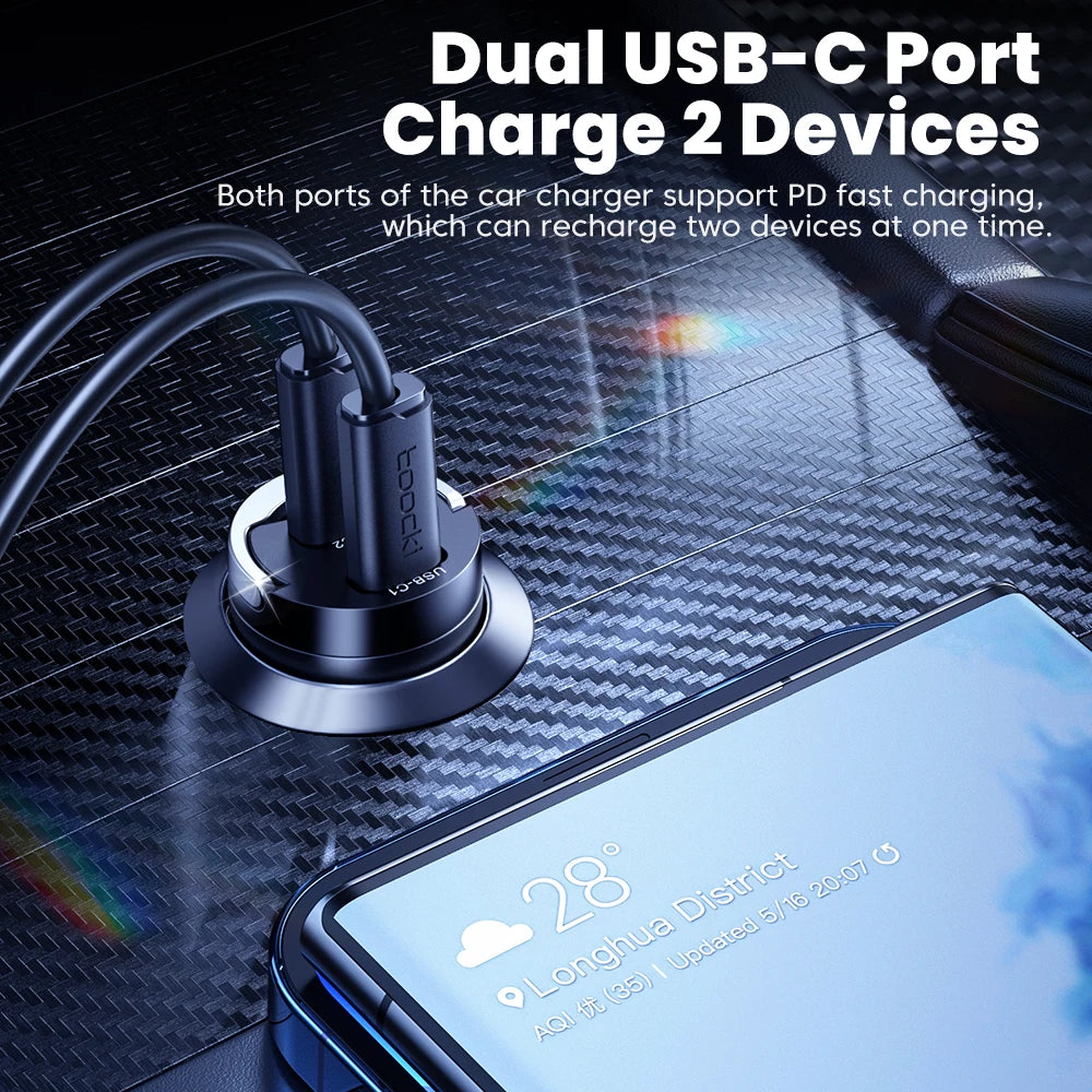 Toocki 45W USB Type C Dual Ports Car Charger Quick Charge 3.0 FCP SCP For iPhone Xiaomi Huawei Samsung Fast Charging Car Charger