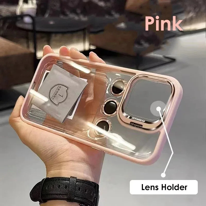 Lens Metal Ring Protector Stand Case For iPhone 15 16 14 13 12 11 Pro Max 16 Plus Camera Glass Protection Transparent Back Cover