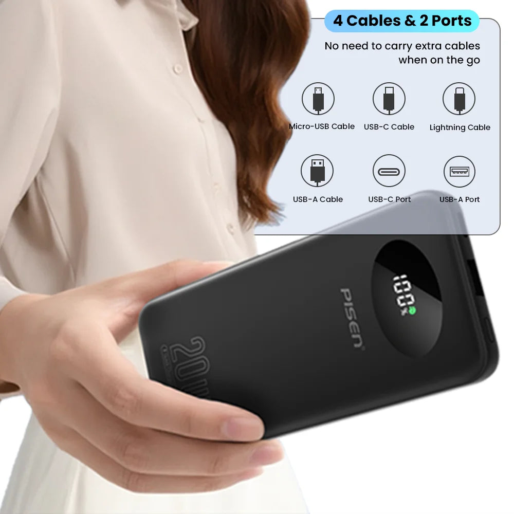 PISEN 3C Certified Power Bank 10000mAh & 20000mAh 20W Fast Charging Powerbank With 4 Built-in Cables For iPhone Samsung Xiaomi