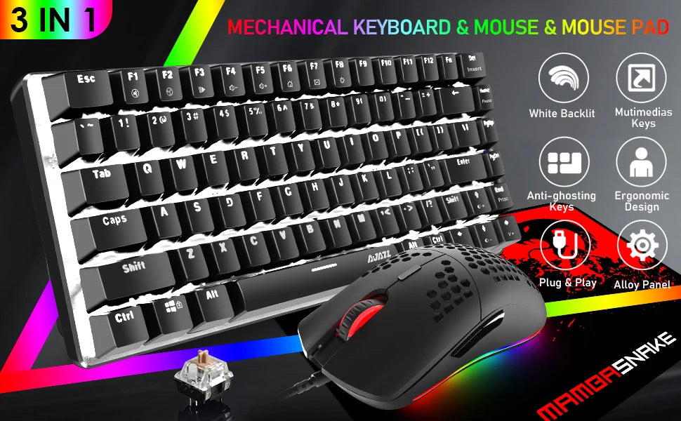 LED Backlit Wired Mechanical Keyboard Brown Switch&RGB 6400 DPI Lightweight Gaming Mouse with Honeycomb Shell 3 in 1 Set