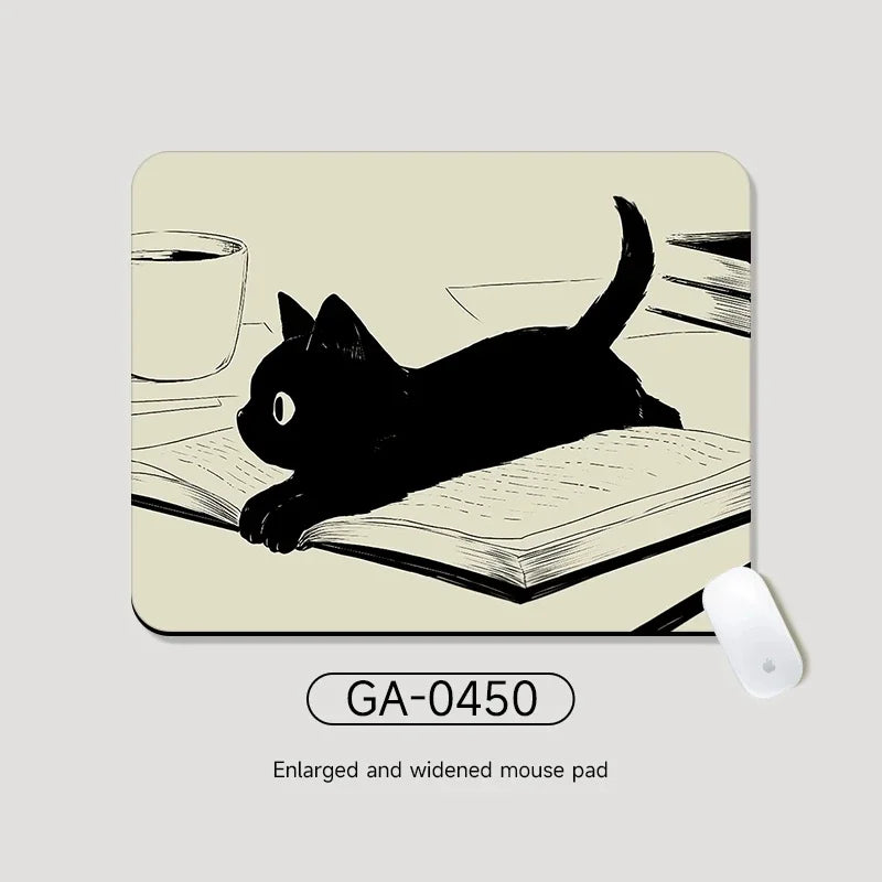 Black Cat Illustration Mouse Pad Small Office Table Mats Computer Accessories Washable Anti-slip Rubber with Precision Lock Edge