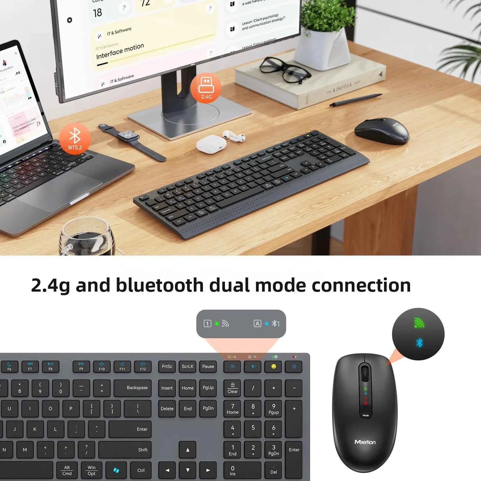 2.4G/Bluetooth Dual-Mode Wireless Keyboard And Mouse Combo,Full-Size Rechargeable Keyboard Mouse Set For Windows PC Office Work