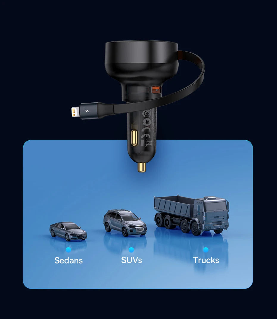 Baseus 60W Car Charger 2 in 1 Retractable Cable SCP 25W QC PD 30W Fast Car Phone Charger For iPad iPhone 16 15 14 13 Pro Samsung