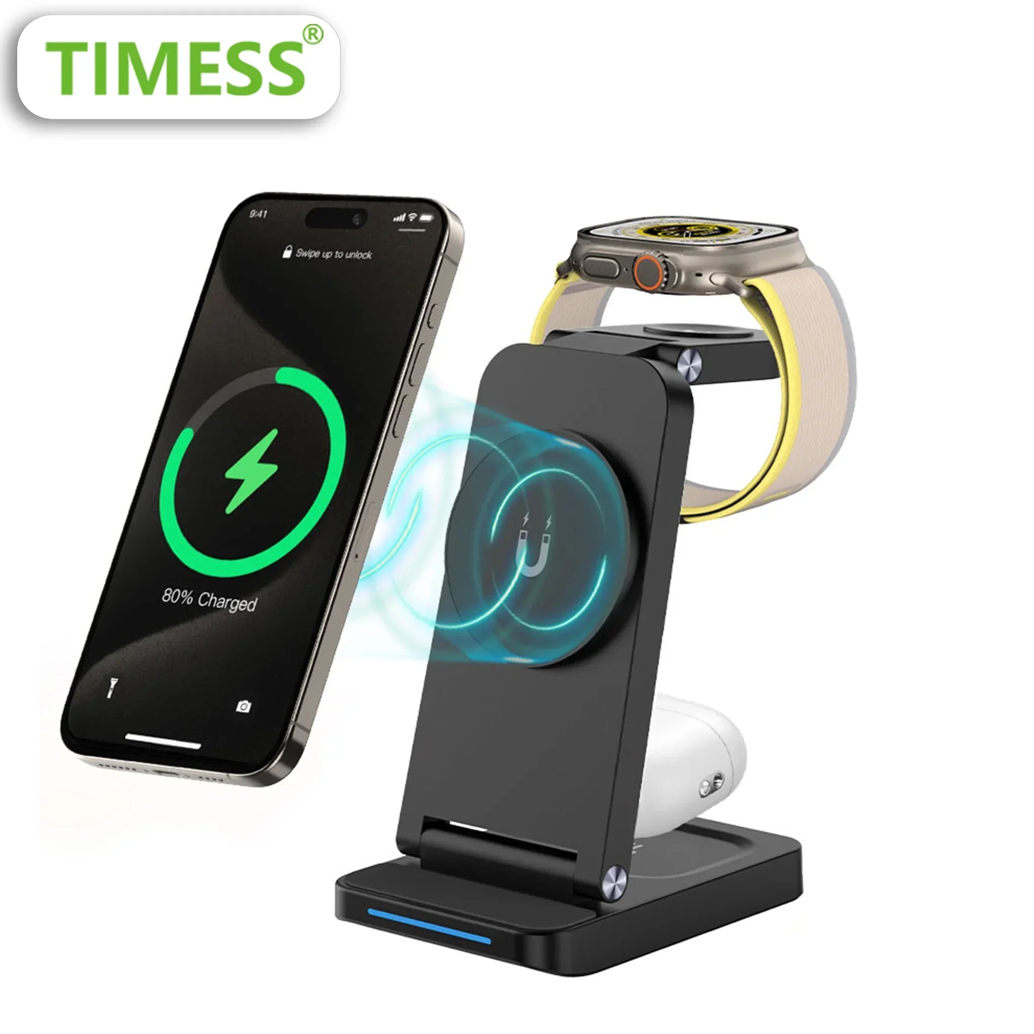 TIMESS 3 IN 1 15W Wireless Charger For iPhone17 16 15 14 PROMAX For Apple Watch Series 11 10-1 For Airpods Pro Charging Station
