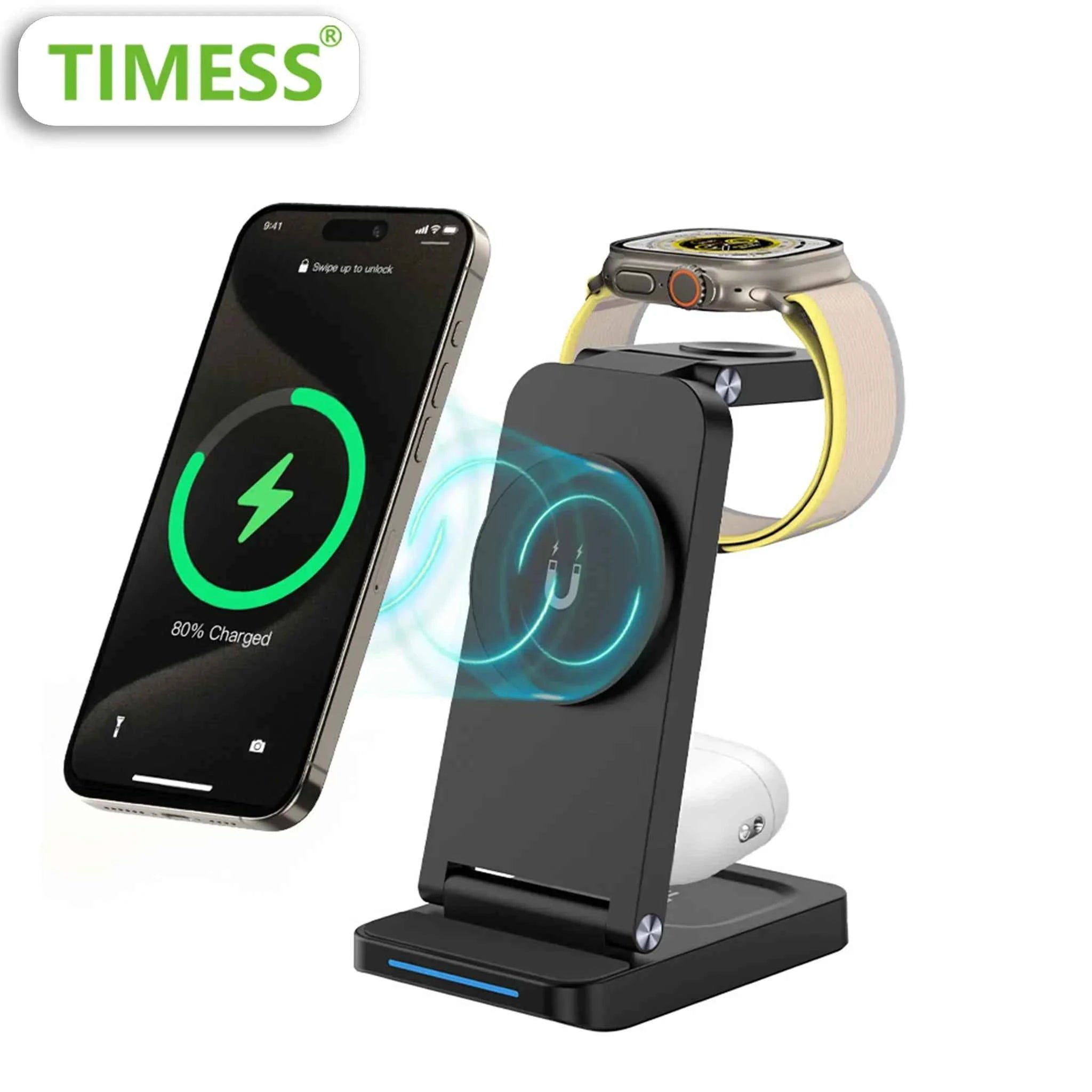 TIMESS 3 IN 1 15W Wireless Charger For iPhone17 16 15 14 PROMAX For Apple Watch Series 11 10-1 For Airpods Pro Charging Station