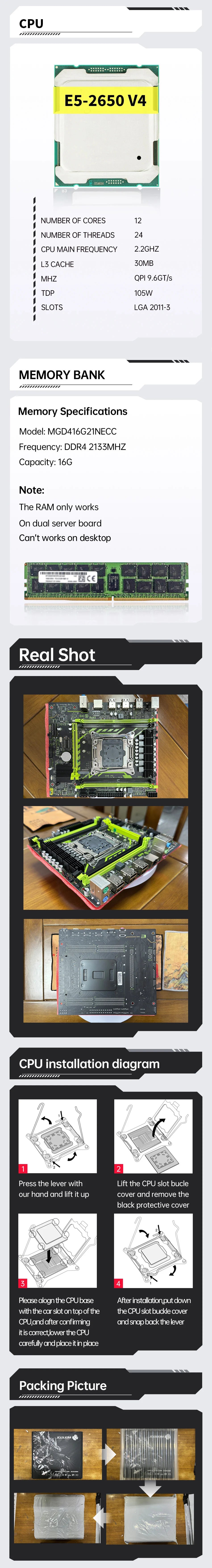MOUGOL X99 Gaming Motherboard Set with Intel Xeon E5 2650 V4 & DDR4 16G*1 2133MHz Dual Channel RAM M.2 NVME for Desktop Host