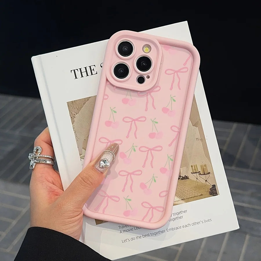 Cute pink phone case with a glittery bow pattern for iPhone 15 Pro Max, iPhone 16/14/13 Pro/12