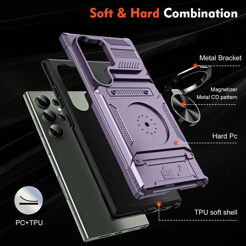 Card slot phone case for Samsung S25 Ultra Edge S23 S24 Plus FE A56 A55,with magnetic rotating ring holder, thickened shockproof