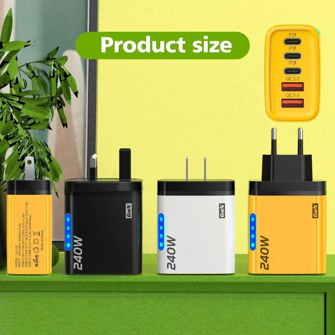 240W GaN Charger 5-in-1 3USB-C PD and 2USB-A QC3.0 Fast Charging for iPhone 16 17 Samsung S25 S24 Xiaomi 15 16 17 Huawei Mate