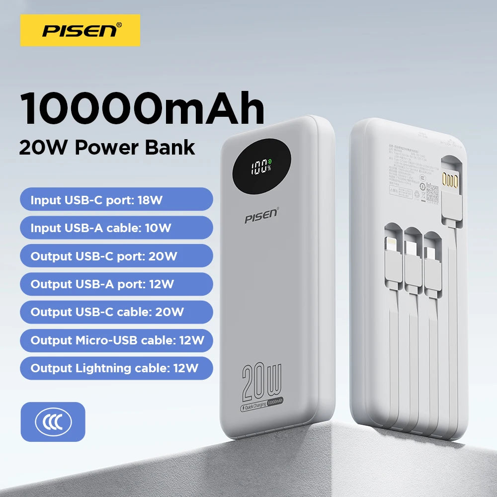 PISEN 3C Certified Power Bank 10000mAh & 20000mAh 20W Fast Charging Powerbank With 4 Built-in Cables For iPhone Samsung Xiaomi