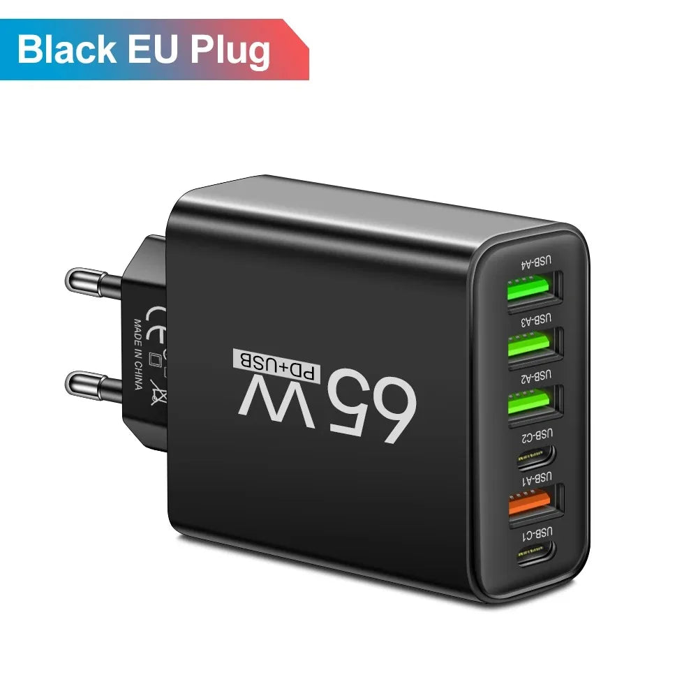 Multi Ports 65W USB Charger Fast Charging Type C Phone Charger Adapter For iPhone Samsung Xiaomi Huawei EU/US Plug Wall Charger