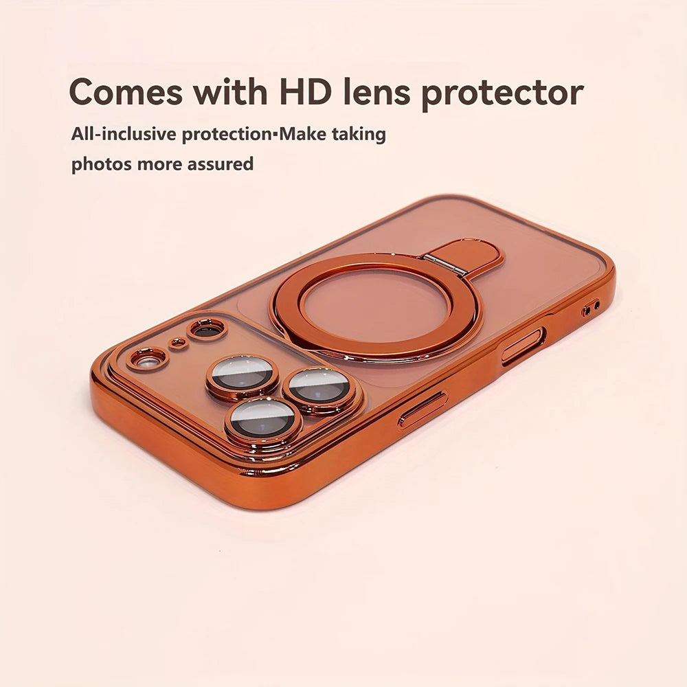 Luxury Plating Magnetic Bracket Phone Case For iPhone 17 16 15 14 13 Pro Max 17Pro Cases For Magsafe Stand Holder Clear Cover