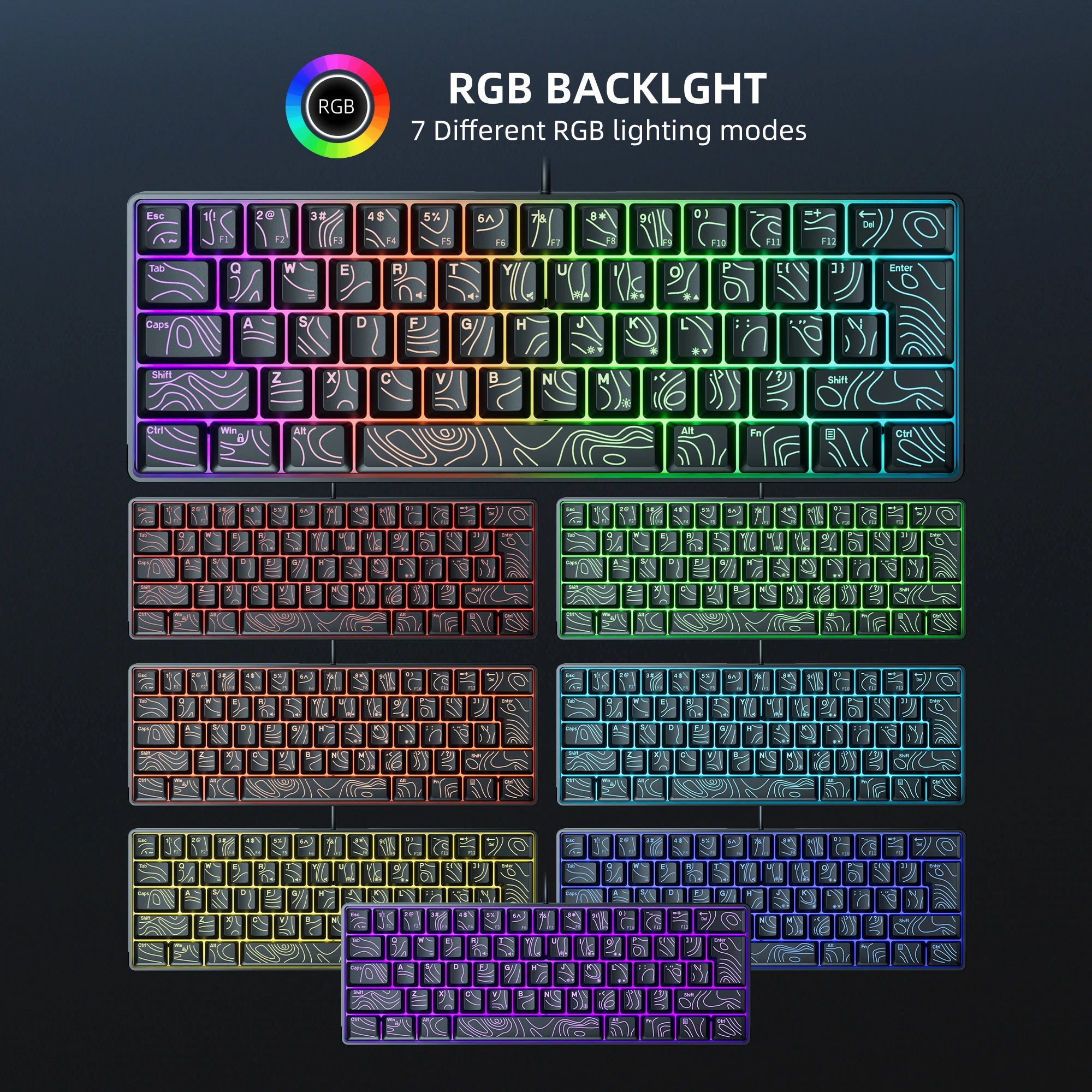 60% Compact Wired Keyboard with RGB Backlight and Membrane Keyswitches. Suitable for Windows tablets, laptops and gamers. Black.