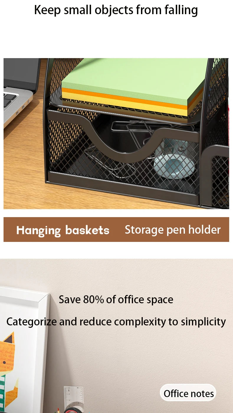 Mesh Pen Holder and Organizer Office Supplies with 7 Compartments, Desktop Organizer with Drawer, Metal Pen Holder for Desk