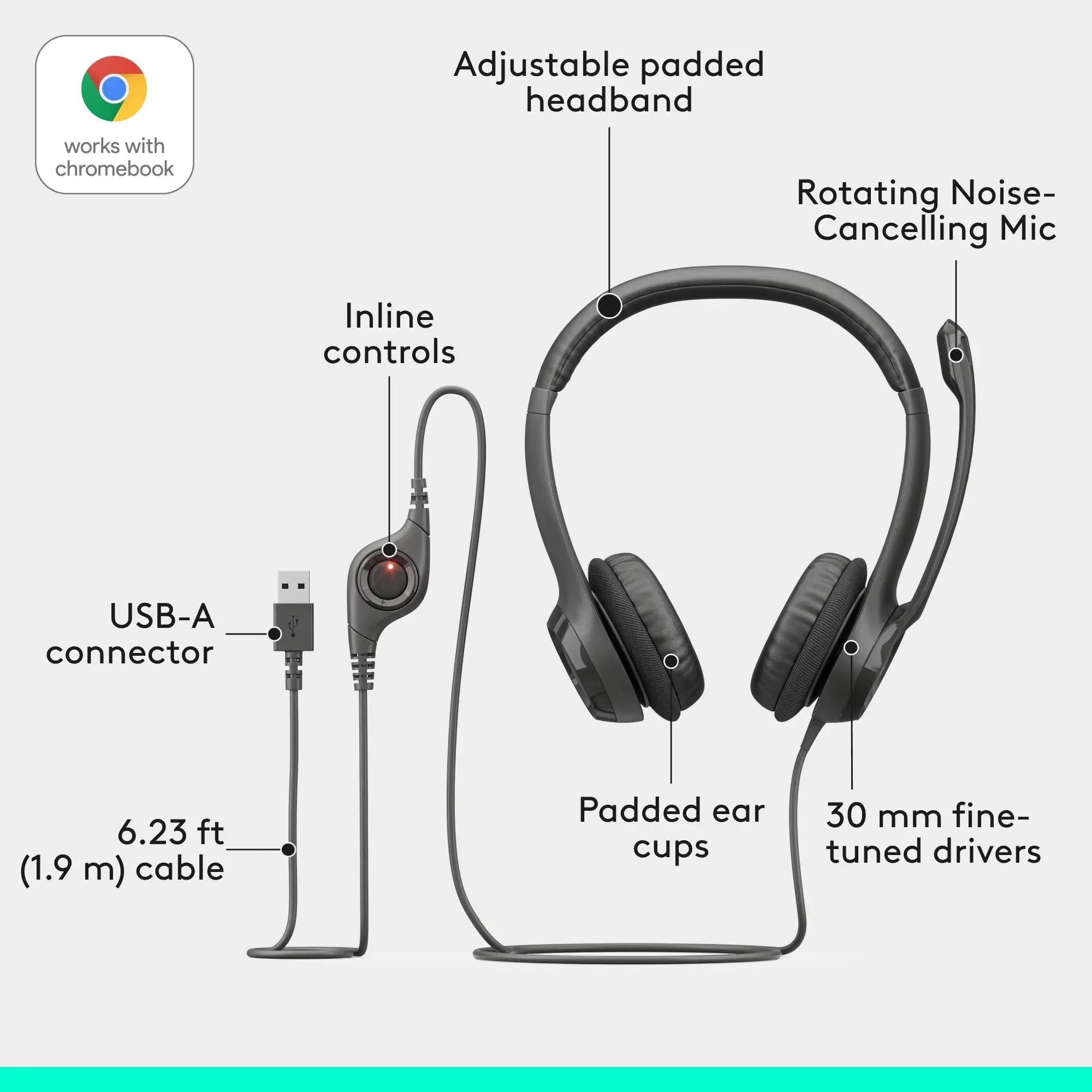 Logitech H390 USB Wired Headset with Noise Canceling Microphone Stereo Headphones In-Line Control for PC Laptop