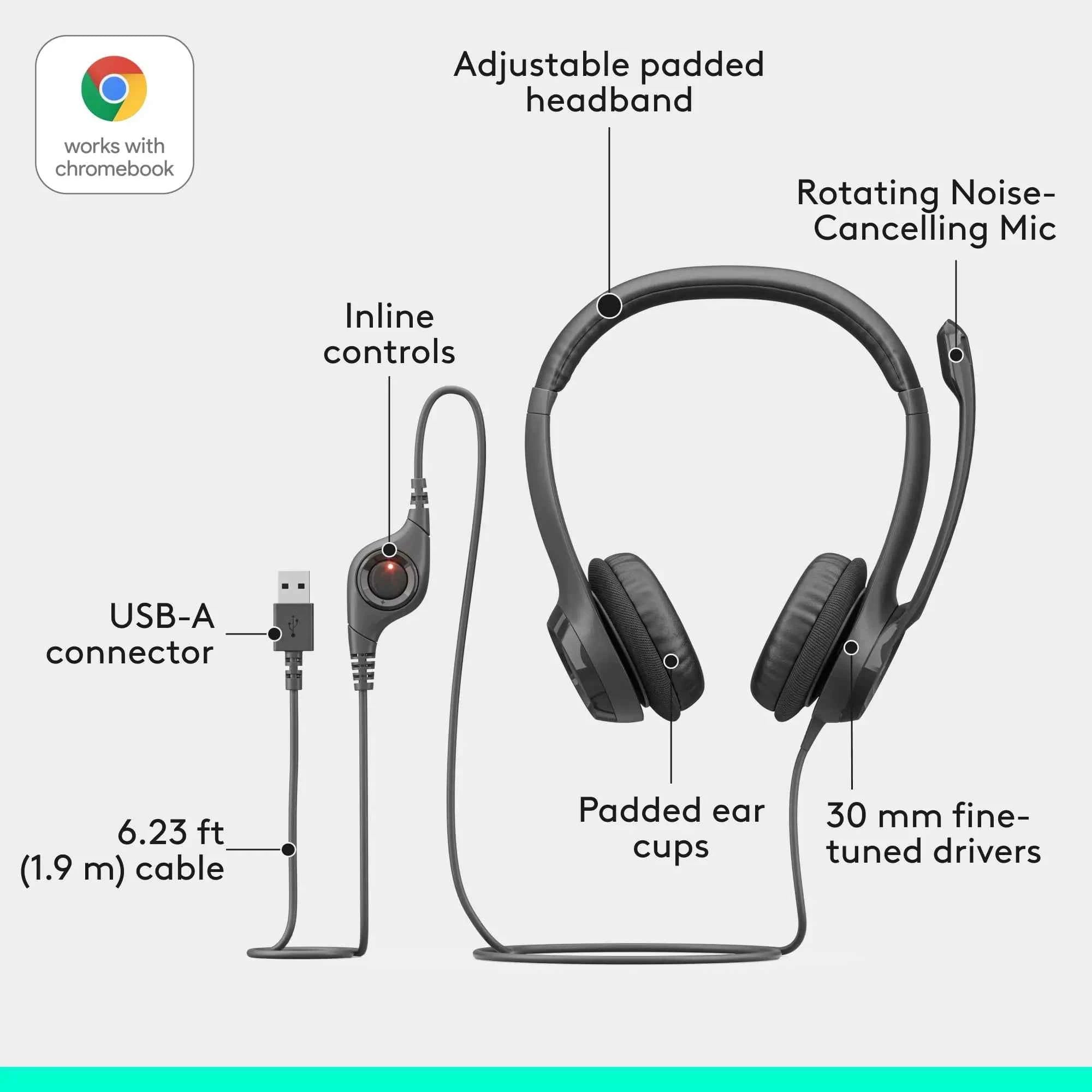 Logitech H390 USB Wired Headset with Noise Canceling Microphone Stereo Headphones In-Line Control for PC Laptop