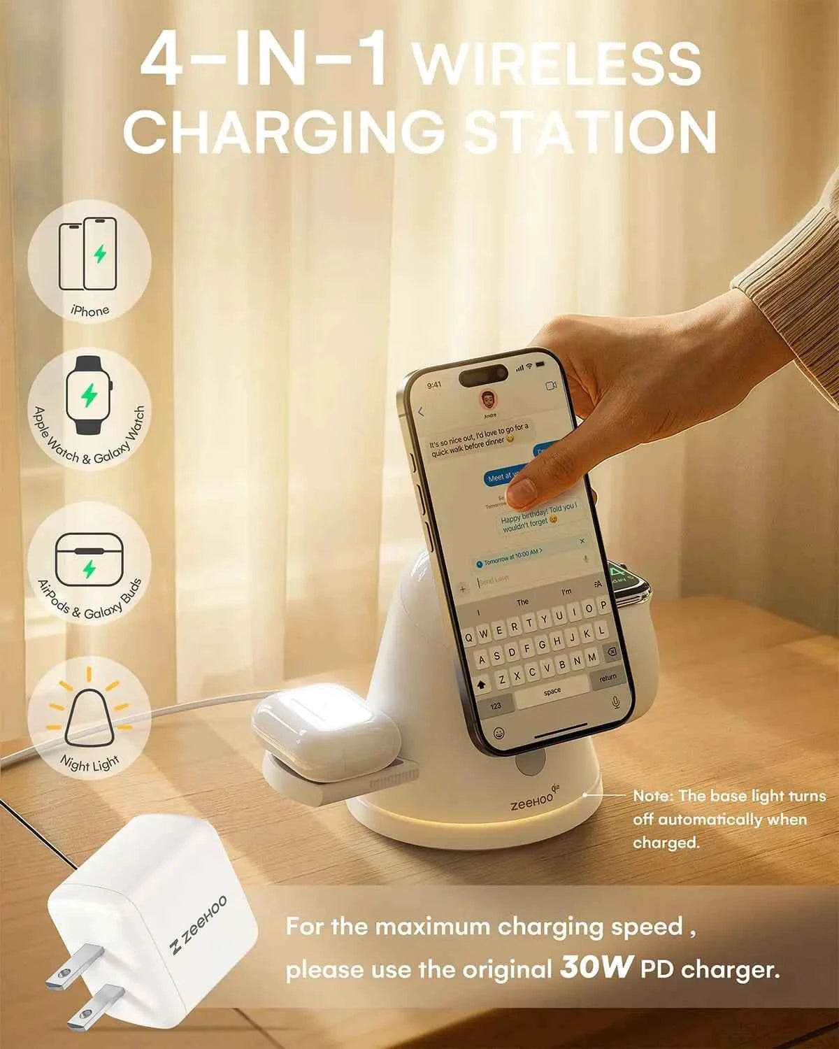 3-in-1 Qi2 Mag-Safe Charger with Night Light, Fast Wireless Charging for iPhone, AirPods & Watch
