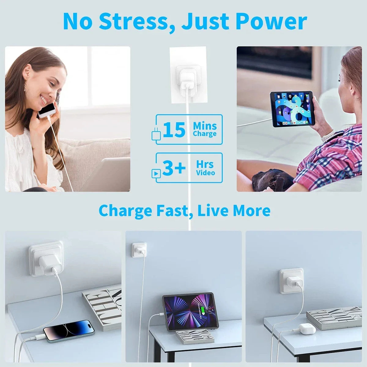 30W Fast Charger Set USB C Port Wall Charging 3.3Ft Type-C Braiding Data Cable for iPhone 16 15 Pro Max Plus ipad Samsung Xiaomi