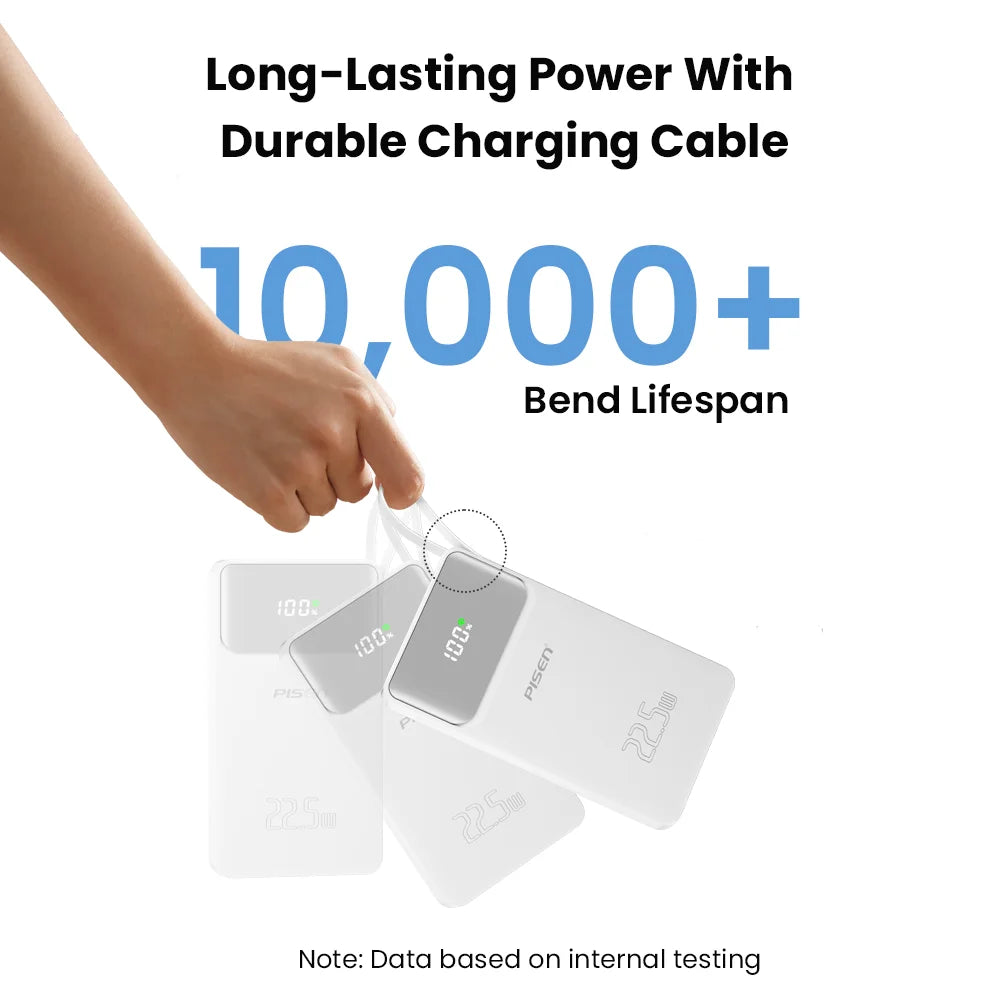 PISEN 3C Certified 22.5W Power Bank 10000mAh/ 20000mAh With Built-in Type C/L Cables Fast Charging Powerbank For iPhone Samsung