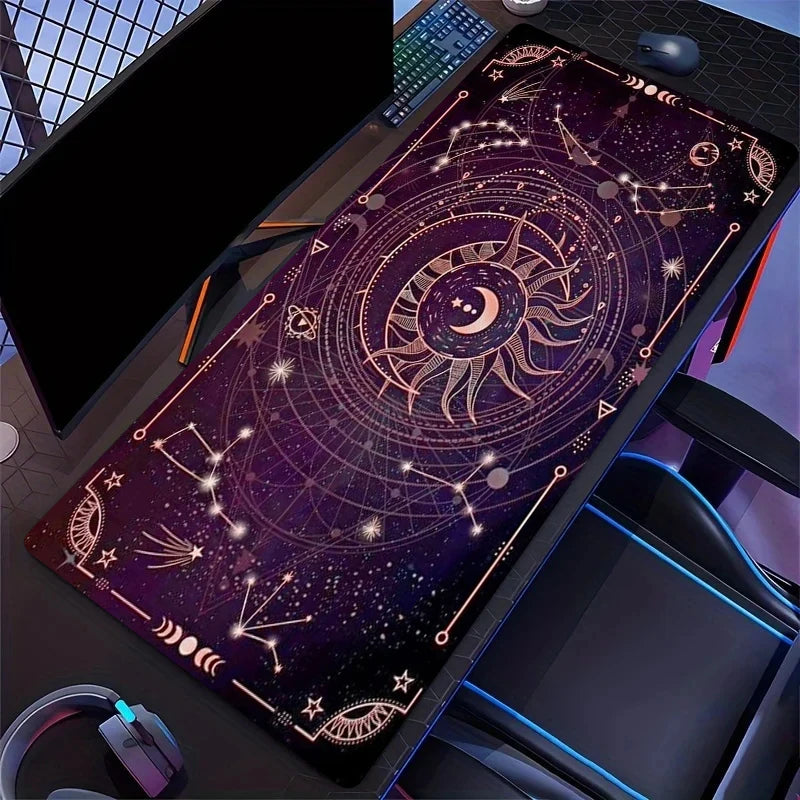 Charming Oversized Purple Card Moon and Stars Gaming Mouse Pads, Anti-slip Durable Table Pad, Suitable for Gamers and Office Use