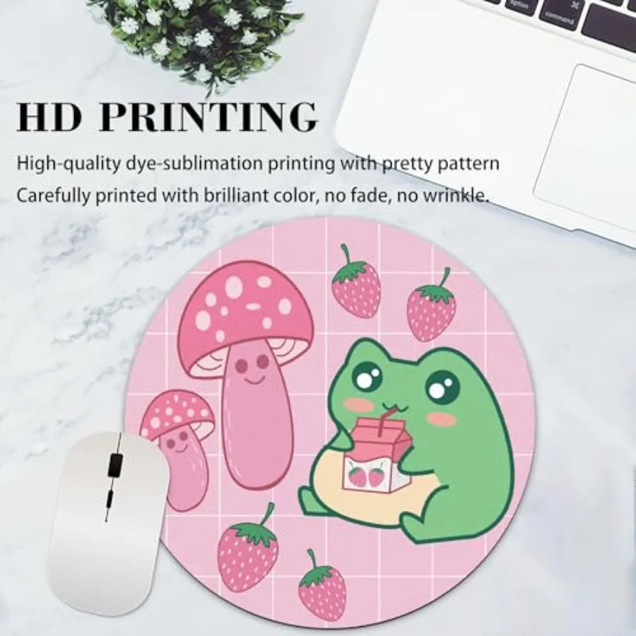 Pink Kawaii Frog Cute Round Mouse Pad Mushroom Strawberry Circle Mousepad Desk Mat Aesthetic Preppy Women Office Small Accessor